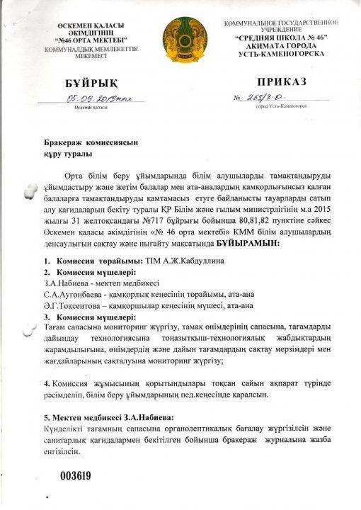 Бракераж комиссиясын құру туралы бұйрық