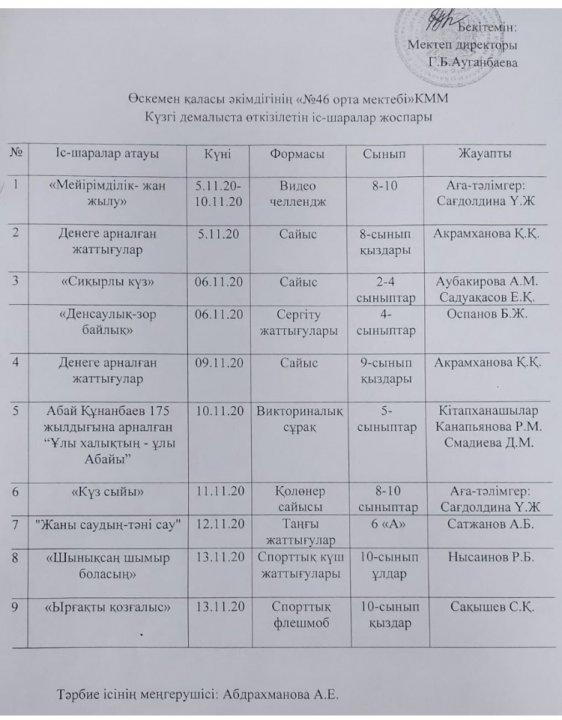 Оқушылармен күзгі демалыста өткізілетін іс-шаралар жоспары