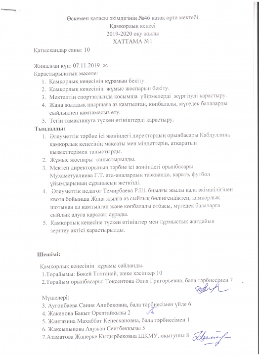 Қамқорлық кеңесі №1 хаттамасы 2020