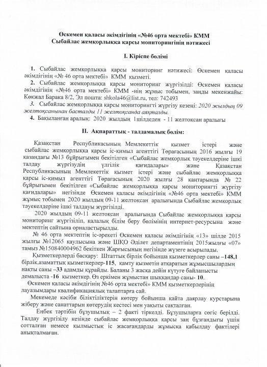 2020 жылғы сыбайлас жемқорлыққа қарсы мониторингінің нәтижесі