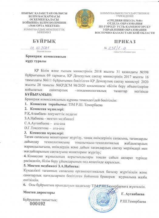 2021-2022 оқу жылғы Бракеражды комиссияның құру туралы бұйрық