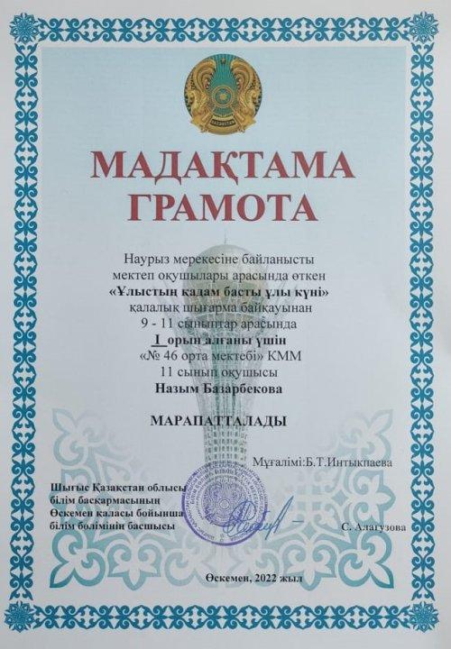 Наурыз мерекесіне орай мектеп оқушылары арасында өткен қалалық шығарма байқауы қорытындысы.