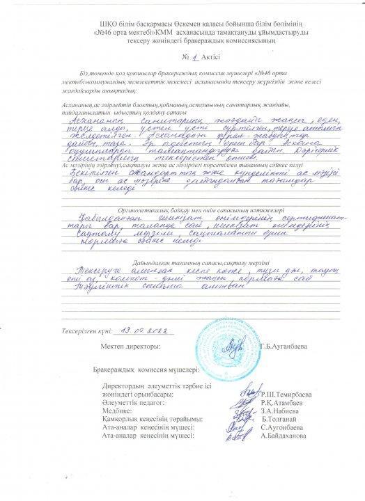 Бракеражды комиссияның №1 хаттамасы