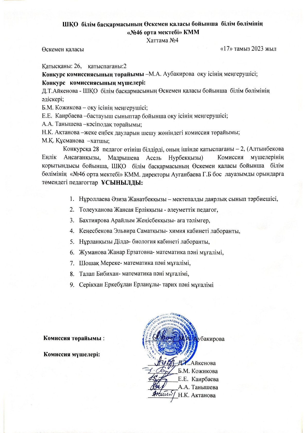 № 57 бұйрығына сәйкес педагогтерді қабылдау конкурсының нәтижесі. Хаттама №4