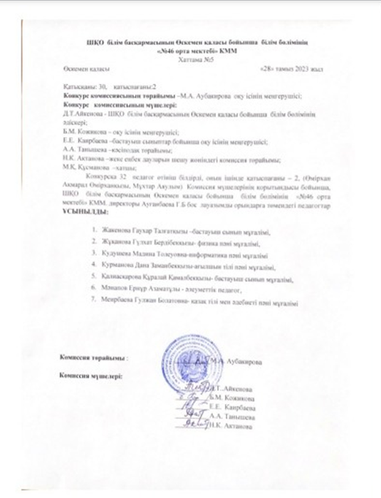 № 57 бұйрығына сәйкес педагогтерді қабылдау конкурсының нәтижесі. Хаттама №5