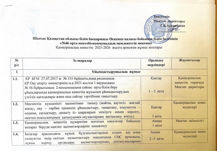 ҚР БҒМ 27.07.2017 ж.№355 бұйрығының 3-тарауының 14-тармағына сәйкес Қамқоршылық кеңестің жұмыс жоспары