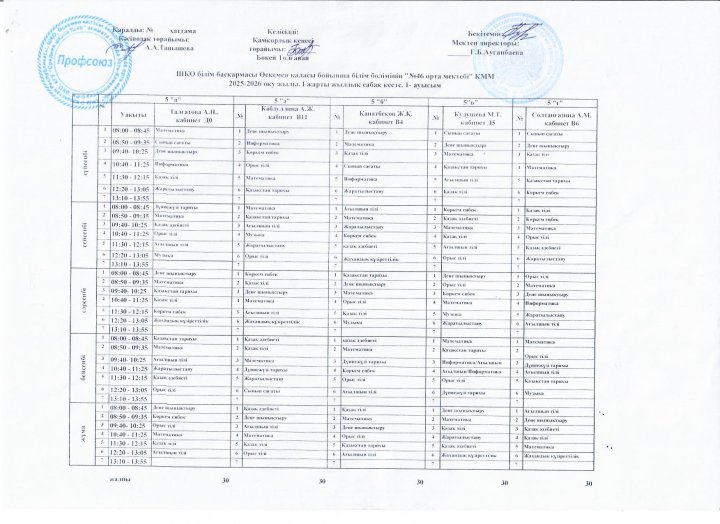 Сабақ кестесі 2025-2026 жж I жарты жылдық